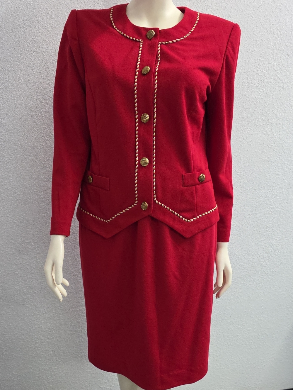 Leslie Fay Nautical Classic Damask Red Skirt Suit Set Size 16 Vintage Gold Trim